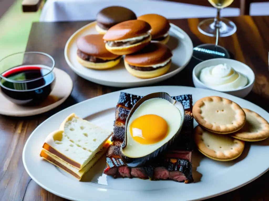 Maridaje de platos uruguayos y vinos en una mesa rústica, bajo luz cálida y un fondo de viñedo desenfocado