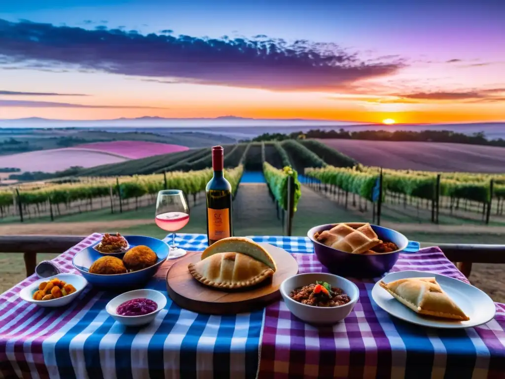 Maridaje de platos uruguayos y vinos en un viñedo al atardecer, donde la mesa rústica presenta sabores auténticos bajo un cielo en degradé