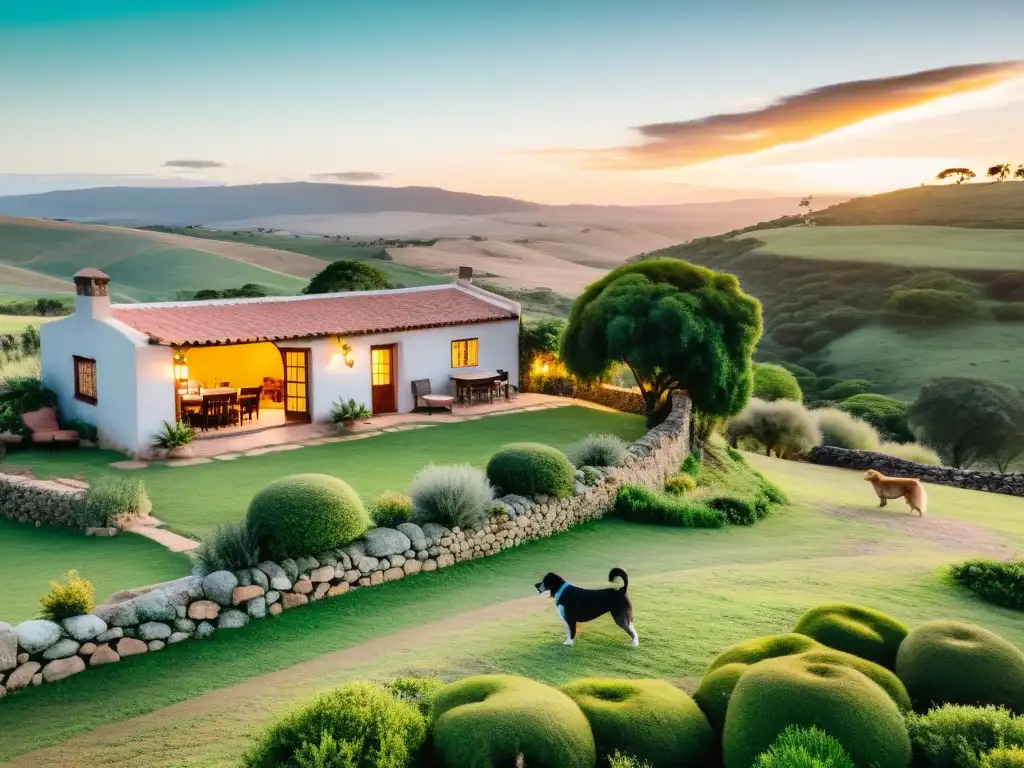 Viajar con mascotas a Uruguay es un placer; casita rústica en un pacífico atardecer campestre, rodeada de animales juguetones y colinas verdes