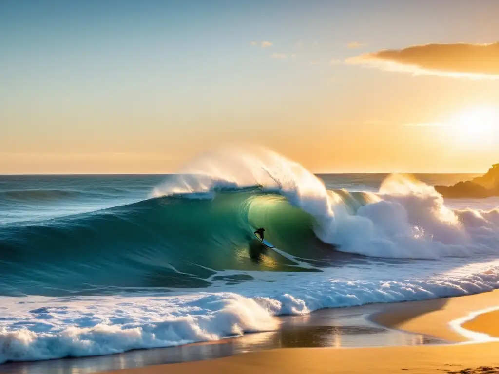 El mejor spot de surf en Uruguay con un surfero experto, el faro del Parque Nacional Santa Teresa y un atardecer dorado en la costa uruguaya