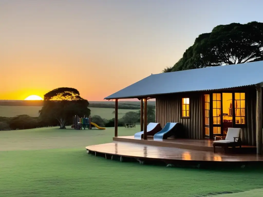 Los mejores alojamientos para niños en Uruguay, un encantador refugio campestre con parque de juegos y cabañas familiares al atardecer