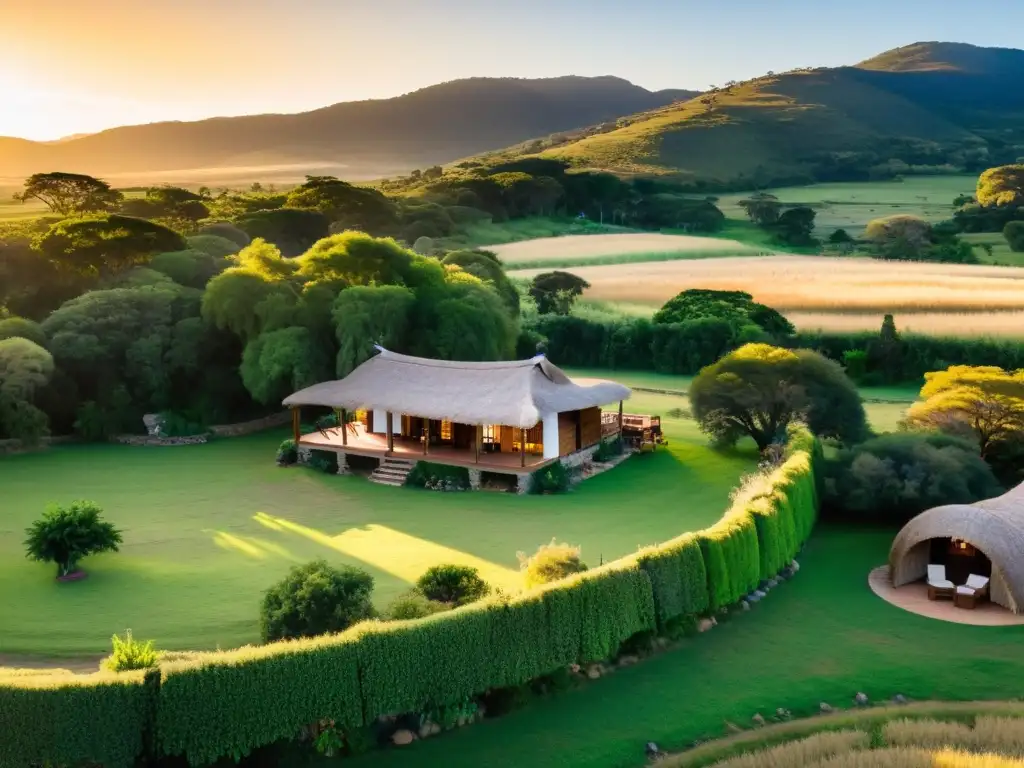 Mejores alojamientos rurales Uruguay: acogedora cabaña rústica en un idílico paisaje campestre uruguayo al atardecer