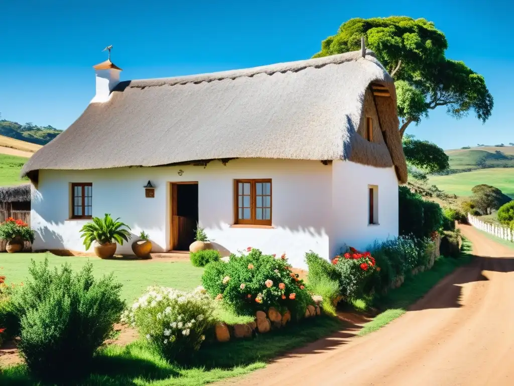 Una de las mejores alojamientos rurales de Uruguay, casa de campo rústica bajo un cielo azul, rodeada de verdes colinas y viñedos en la puesta del sol