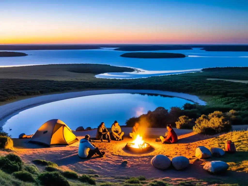 Los mejores áreas de camping en Uruguay se iluminan bajo el sol dorado, con campistas unidos alrededor del fuego