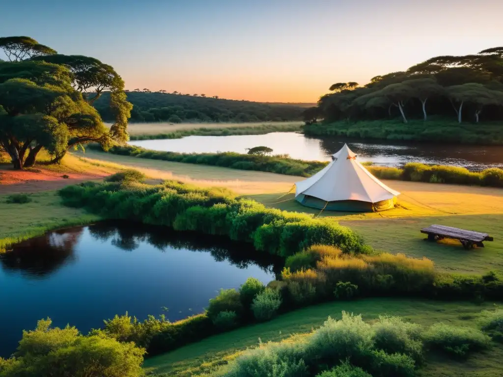 Mejores áreas de camping en Uruguay: una tienda en un tranquilo rincón verde, junto a un río reflejando un atardecer vibrante