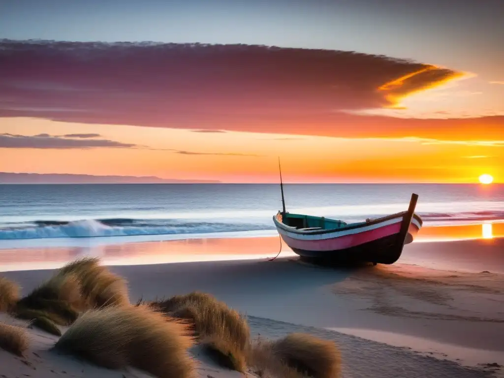 Mejores atardeceres costa uruguaya, con cielo en llamas, barco de pesca a lo lejos y encantadora cabaña junto al mar