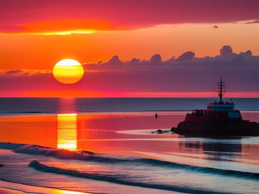 Mejores atardeceres costa uruguaya: impresionante vista panorámica con colores encendidos y siluetas de barcos al fondo