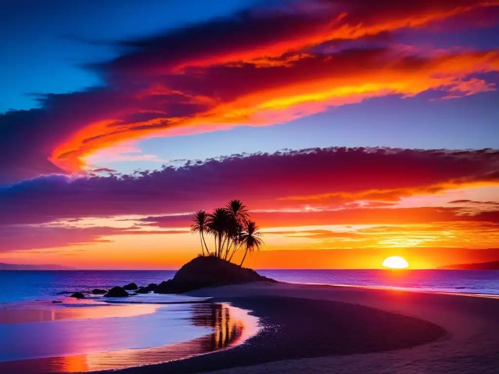 Mejores atardeceres costa uruguaya, un panorama encantador con siluetas de palmeras y tranquilas cabañas quechua, bañadas por el sol dorado