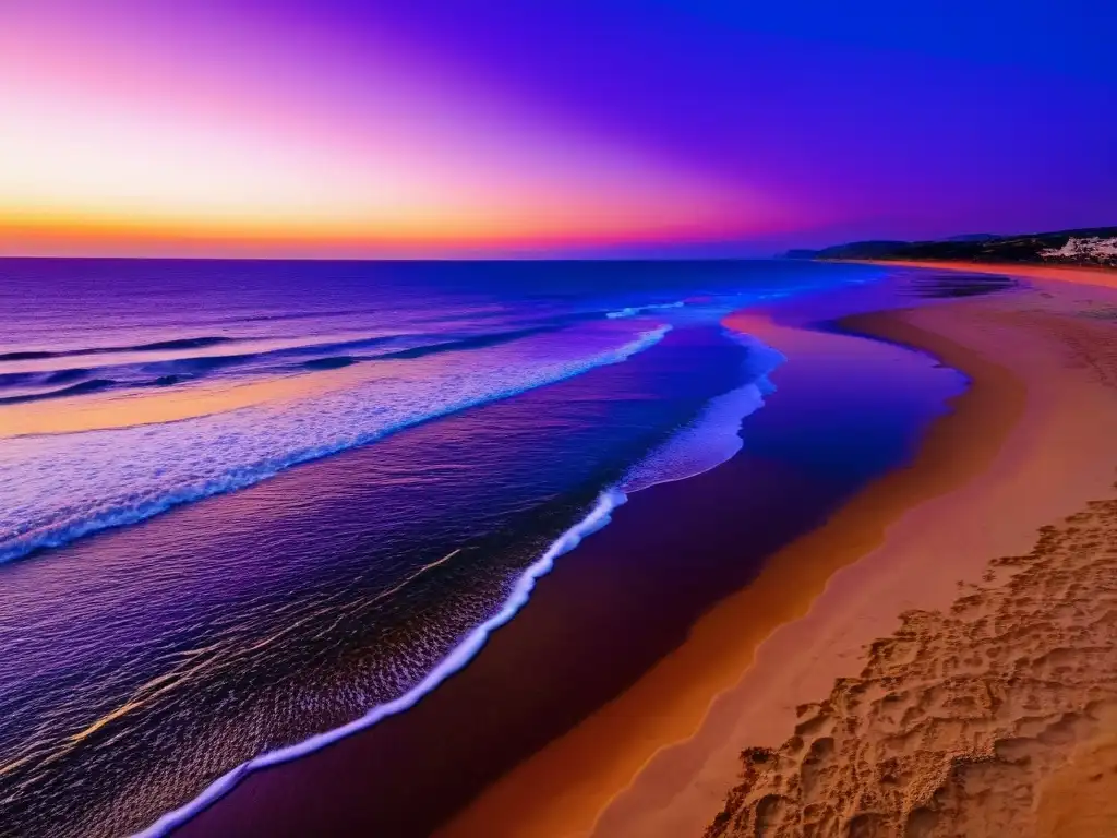 Mejores atardeceres costa uruguaya: Panorámica de Rocha, con colores cálidos del ocaso reflejándose en el mar y siluetas disfrutando la vista