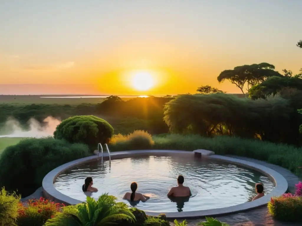 Mejores baños termales en Uruguay: un atardecer mágico reflejado en las cálidas aguas, rodeado de exuberante flora y serenidad