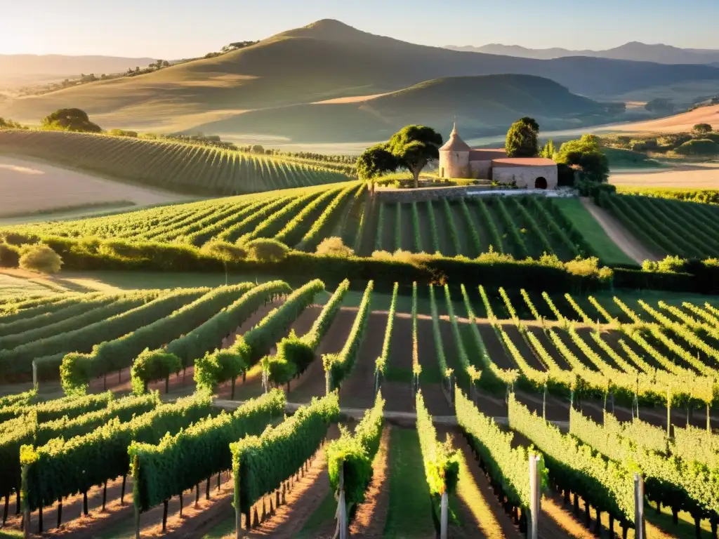 Las mejores bodegas para visitar en Uruguay, iluminadas por un atardecer dorado, con sommelier sirviendo vino tinto y visitantes disfrutando