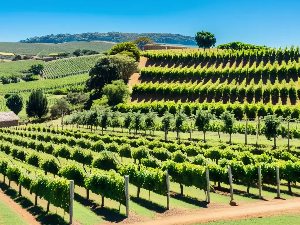 Mejores bodegas para visitar en Uruguay: Panorámica serena de un viñedo frondoso bajo un cielo azul, con un rústico letrero 'Bienvenidos a la Ruta del Vino'