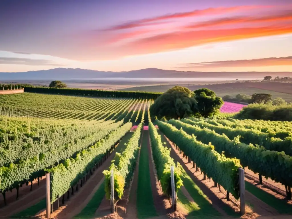 Mejores bodegas para visitar en Uruguay: viñedo extenso al atardecer, bodega tradicional y trabajadores recogiendo uvas bajo un cielo colorido