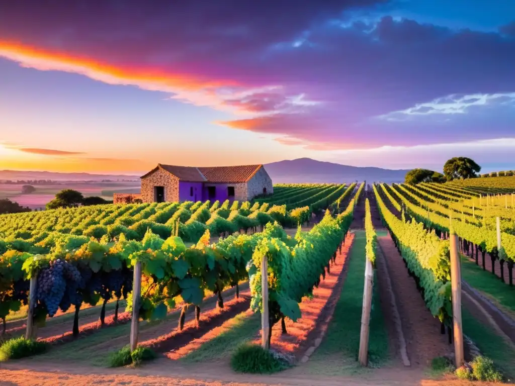 Los mejores bodegas para visitar en Uruguay, con viñedos extensos al atardecer y catas de vino Tannat bajo un cielo en llamas