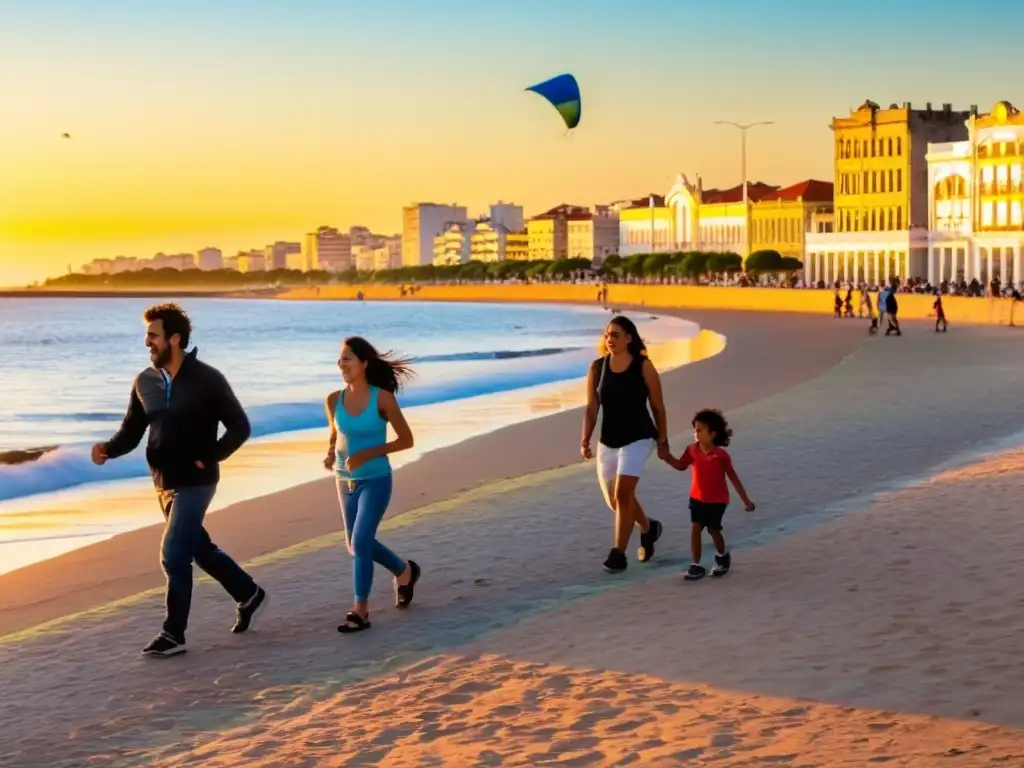 Mejores destinos familiares en Uruguay: familia disfrutando del encanto de la Rambla de Montevideo al atardecer