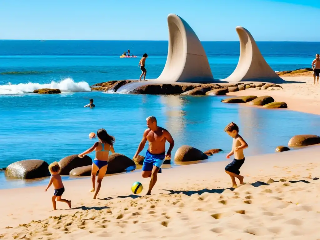 Mejores destinos familiares en Uruguay: Juego de fútbol playero bajo el sol en Punta del Este, con el mar azul y La Mano de fondo