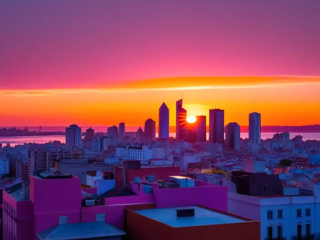 Mejores lugares para fotografiar atardeceres en Uruguay: Montevideo, con su célebre silueta bañada en tonos naranjas y rosas