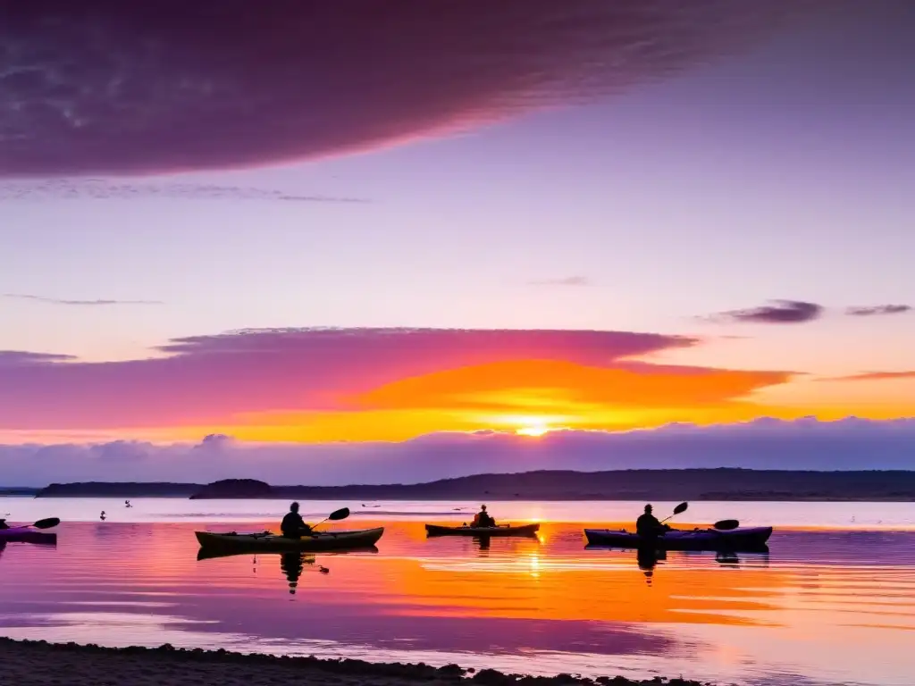 Mejores lugares para practicar kayak en Uruguay - Vista panorámica costera al atardecer con kayaks navegando y club activo