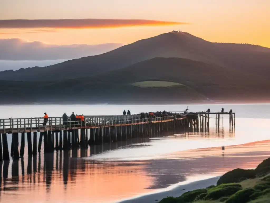 Mejores lugares para pesca deportiva en Uruguay: pescadores en un muelle rústico al amanecer, con el sereno paisaje costero uruguayo de fondo