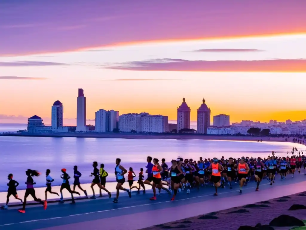 Mejores maratones running Uruguay: corredores al amanecer en Montevideo, con el Palacio Salvo en contraluz y la alegría patriótica de espectadores