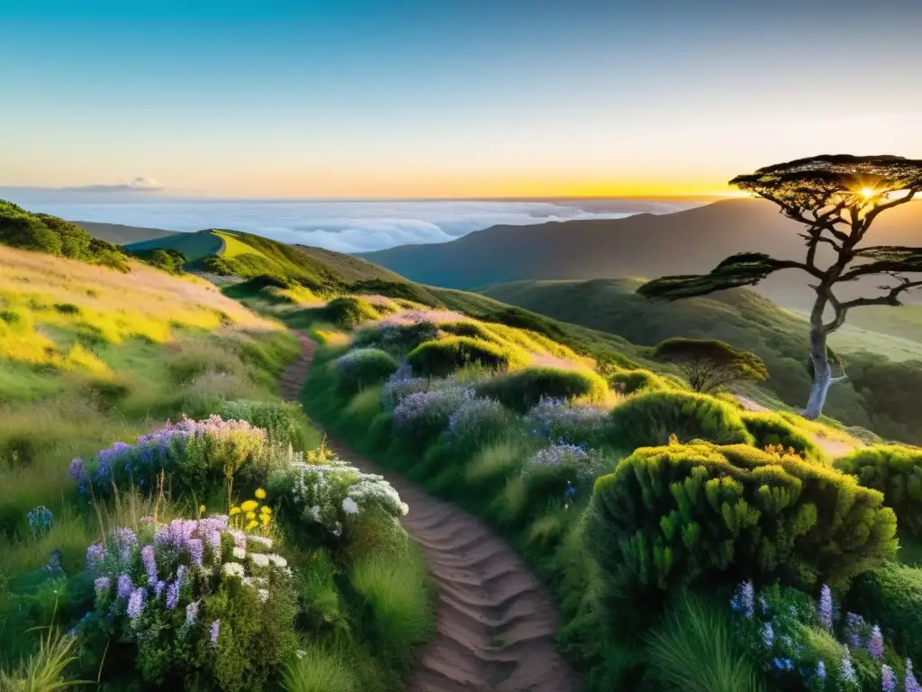 Las mejores rutas de senderismo en Uruguay te llevan desde un prado florido hasta los Andes, bajo un amanecer encantador