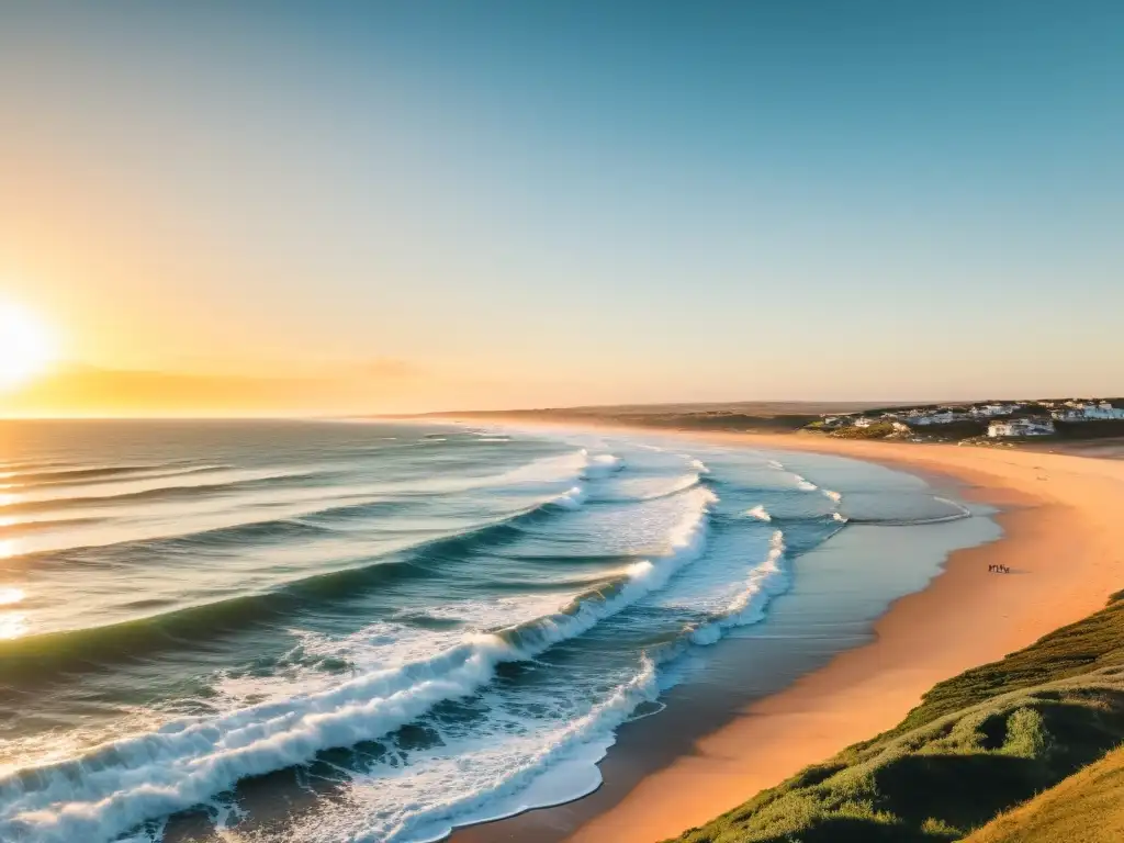 Mejores spots de surf en Uruguay: surfistas desafiando olas azules bajo el cálido sol dorado, en un paraíso costero