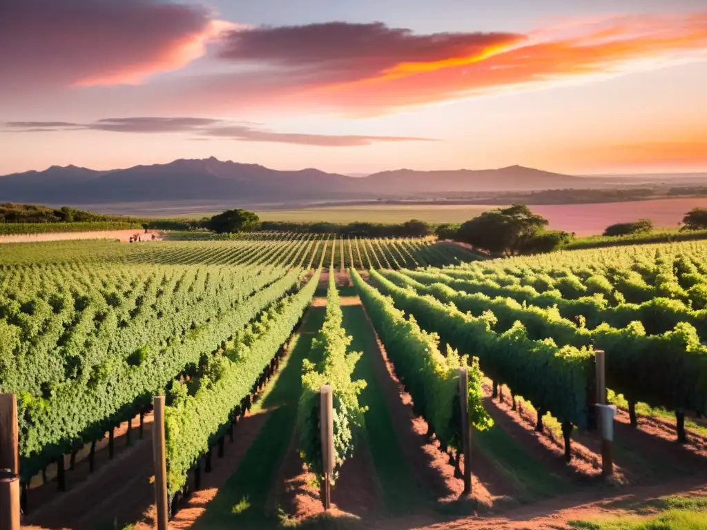 Descubriendo los mejores tours de vino en Uruguay, turistas fascinados degustan vinos en un viñedo al atardecer, bajo un cielo naranja y rosa