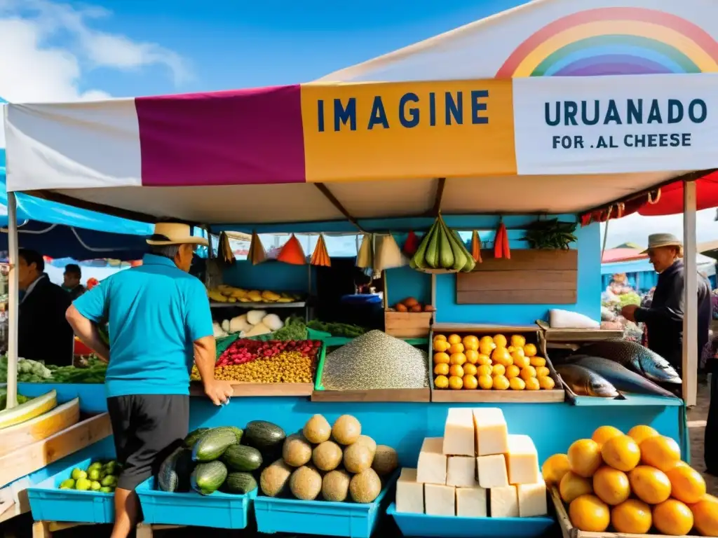 Mercado al aire libre bullicioso en Maldonado, Uruguay, con puestos coloridos de gastronomía artesanal, playas y arquitectura única de fondo