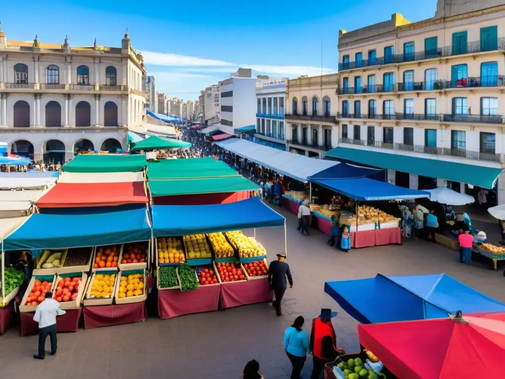 Mercado al aire libre en Montevideo, Uruguay, bajo un cielo azul, lleno de sombrillas coloridas y puestos de comida local accesible Uruguay