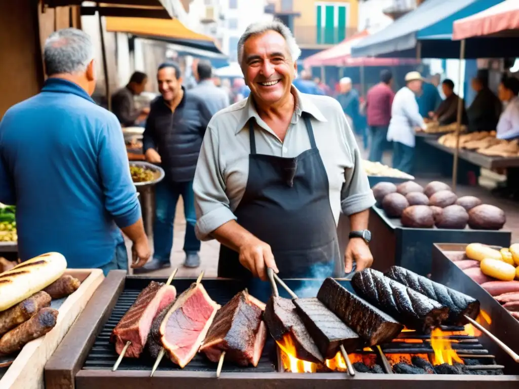 Mercado antiguo en Montevideo, reflejo de la influencia de inmigrantes en la gastronomía uruguaya, con un vendedor italiano preparando asado