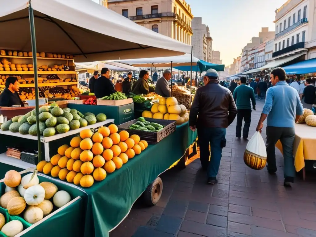 Mercado bullicioso en Montevideo, Uruguay, bajo el atardecer dorado