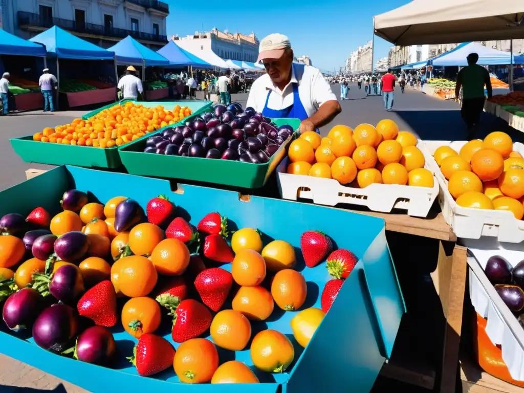 Mercado agrícola bullicioso en Montevideo, Uruguay, bajo un cielo azul