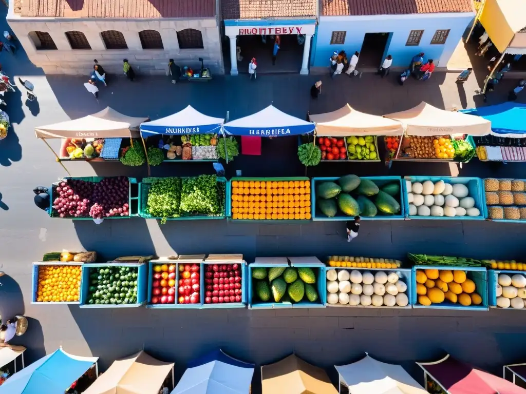 Mercado bullicioso en Montevideo, Uruguay, lleno de colores, comida local accesible y artesanías bajo un cielo azul claro