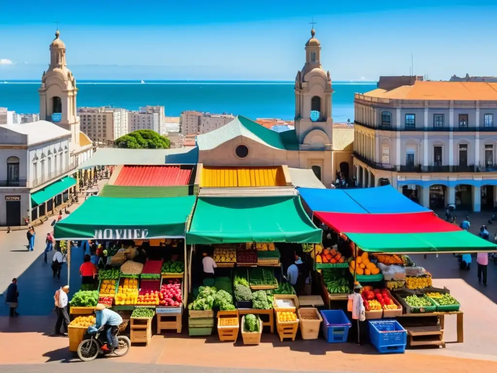 Mercado bullicioso en Montevideo, revelando la cultura y belleza de Uruguay en una imagen 8K, llena de vida, colores y tradición