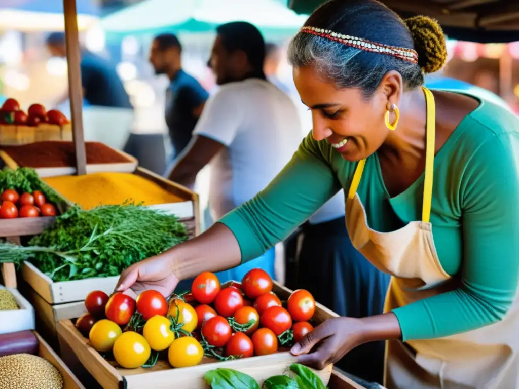 Mercado bullicioso en Montevideo, con enfoque en una mujer de ascendencia africana preparando un plato uruguayo tradicional con un toque africano único, resaltando la influencia africana en la cultura uruguaya