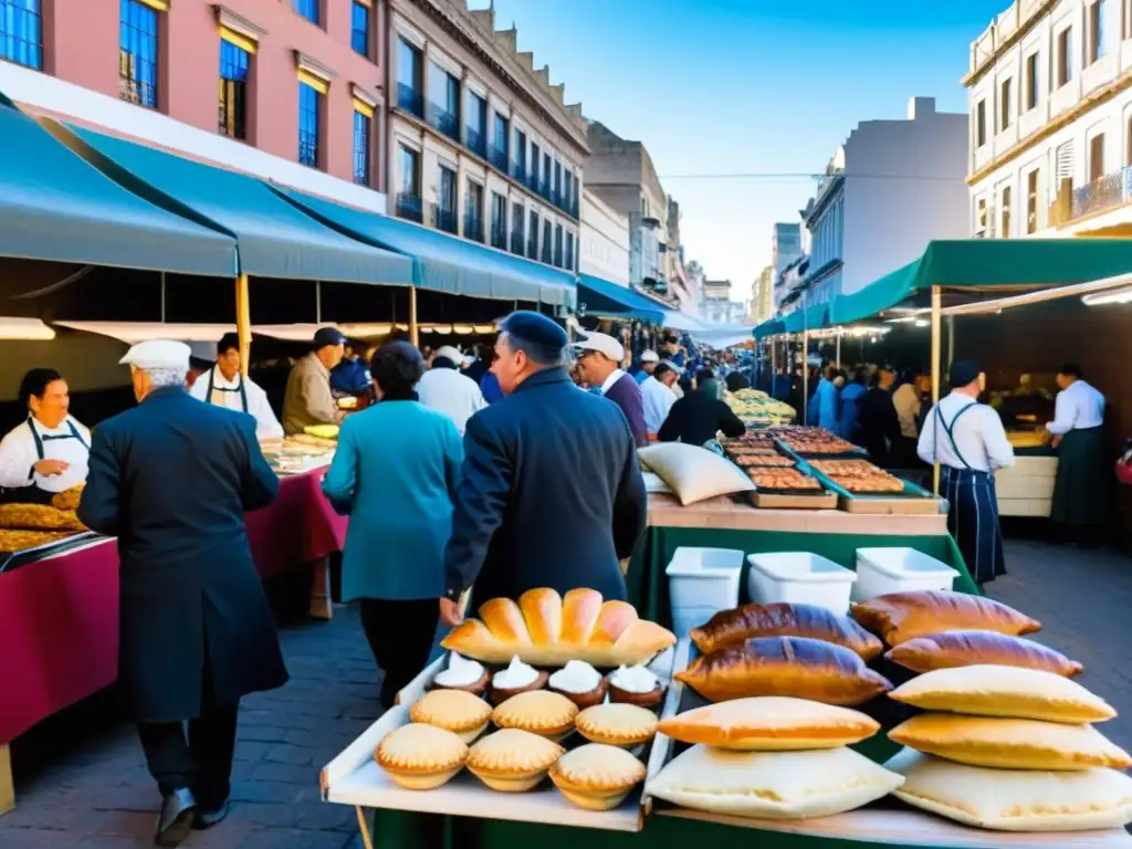 Mercado bullicioso en Montevideo durante eventos gastronómicos populares de Uruguay, con deliciosos platos locales y un ambiente festivo