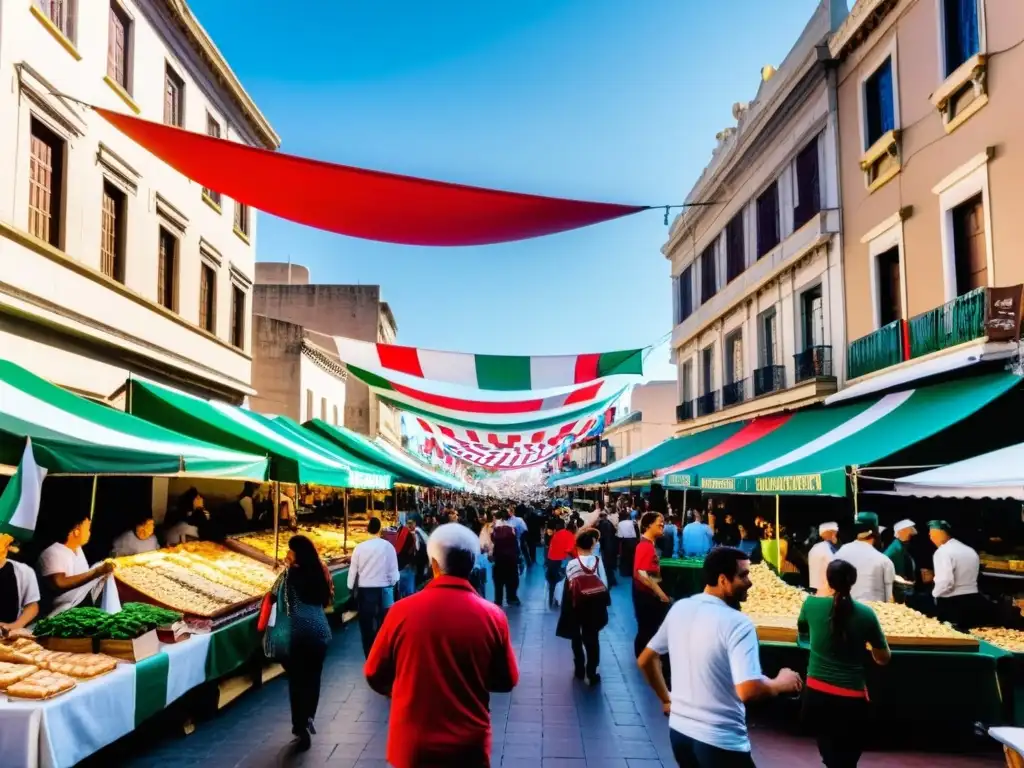 Mercado bullicioso en Montevideo durante una festividad italiana, con influencia italiana en gastronomía uruguaya, danzas y banderas