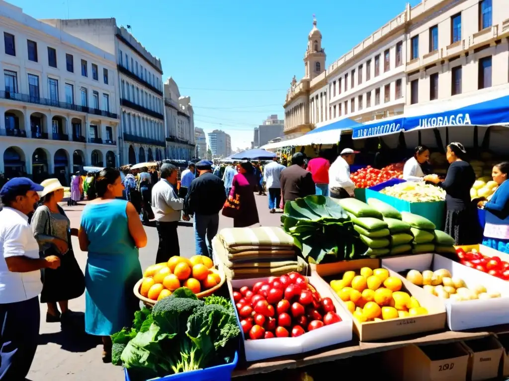 Mercado bullicioso en Montevideo, Uruguay, ilustrando el impacto económico y social de la inmigración