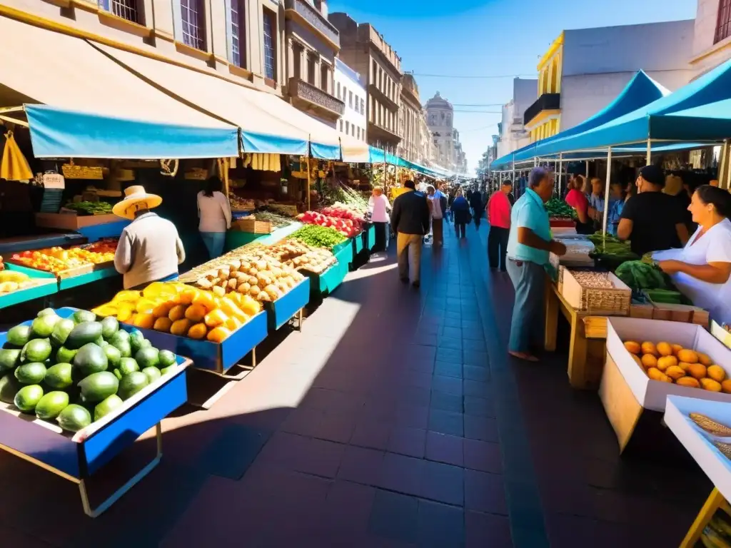 Mercado bullicioso en Montevideo, Uruguay, lleno de color y vida, con mochileros buscando consejos para viajar barato a Uruguay