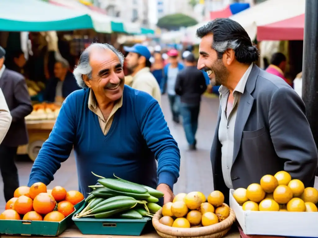 Mercado bullicioso en Montevideo, lleno de color, risas y expresiones locales uruguayas en cada rincón