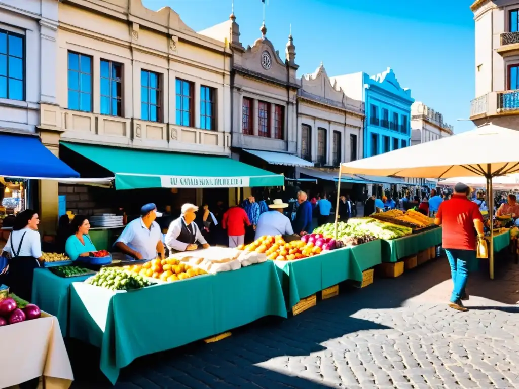 Mercado bullicioso en Montevideo, Uruguay, lleno de expresiones locales uruguayas, risas, colores y tradición en un día soleado