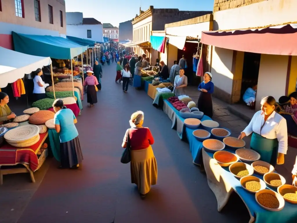 Mercado bullicioso en Uruguay, mujeres locales empoderadas vendiendo productos tradicionales y alimentos