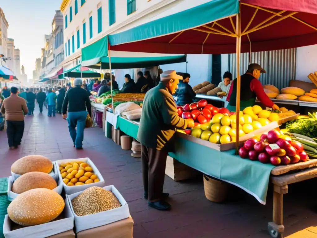 Mercado bullicioso en Montevideo, Uruguay, bajo una luz dorada