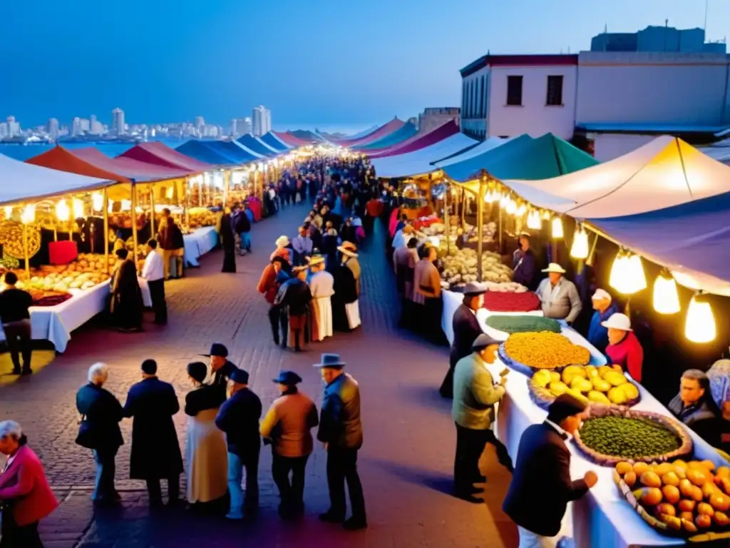 Mercado bullicioso en Montevideo, Uruguay, durante 'La Noche de la Nostalgia', una inmersión cultural tradiciones Uruguay