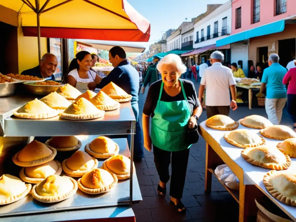 Mercado bullicioso en Uruguay con receta auténtica de empanadas uruguayas siendo elaboradas por una sonriente anciana al sol dorado de la tarde