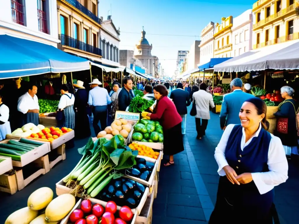 Mercado bullicioso en Montevideo, con vendedores locales y compradores sumergidos en expresiones locales uruguayas