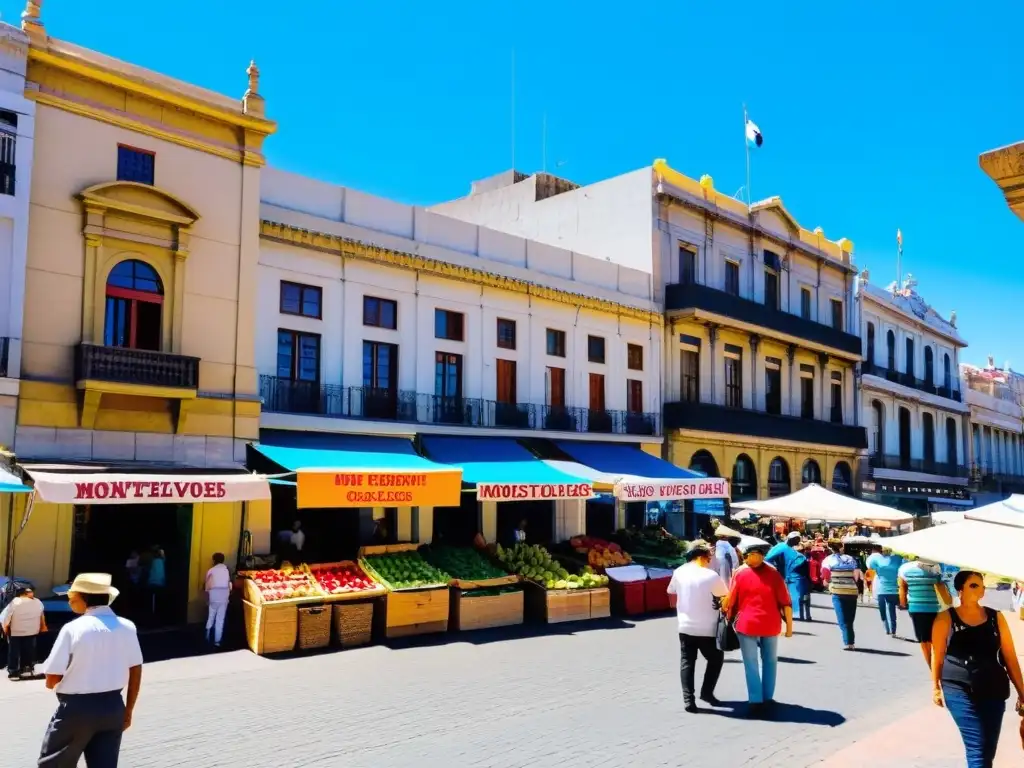 Mercado bullicioso en Montevideo, Uruguay, con vendedores locales, frutas coloridas y consejos de alojamiento económico en cartelitos pintorescos