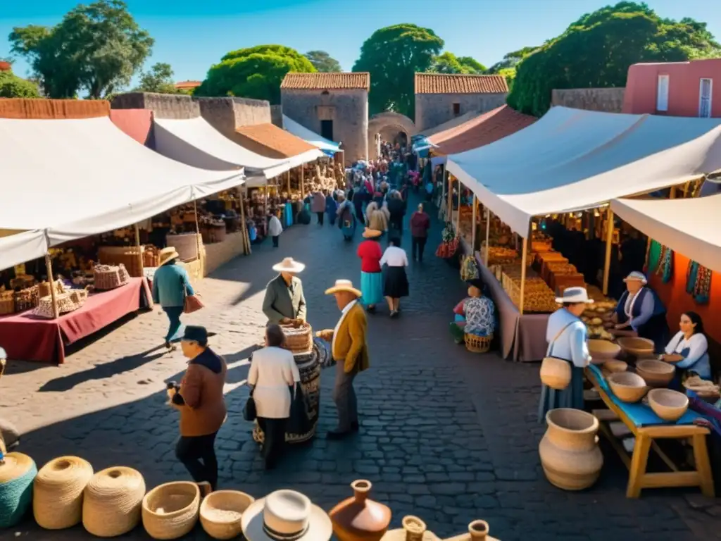 Mercado cultural vibrante en Colonia del Sacramento, Uruguay, mostrando atracciones culturales de bajo costo en un ambiente dorado