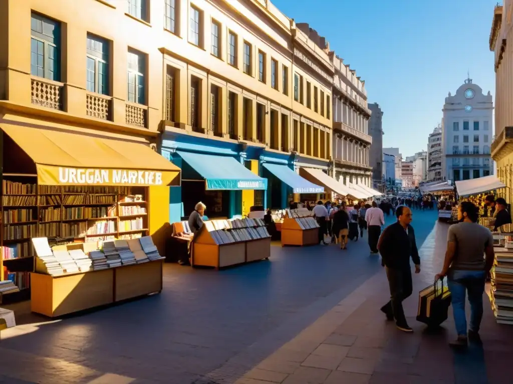 Mercado de libros al aire libre en Montevideo, Uruguay, bañado por el dorado atardecer