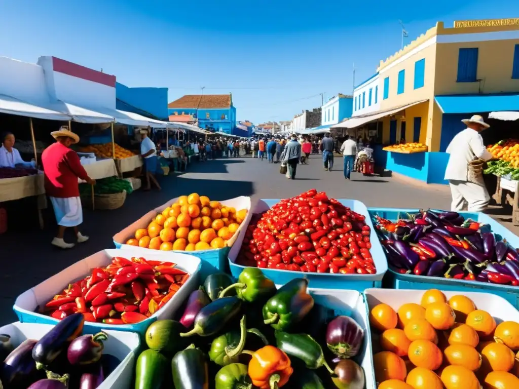 Mercado local vibrante en Islas de las Palmas, Uruguay, lleno de coloridas frutas y vendedores alegres